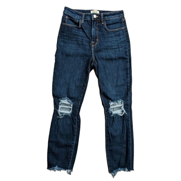L'AGENCE High Line Women's Distressed Raw Hem Dark Washed Skinny Jeans Size 26 - Picture 2 of 5
